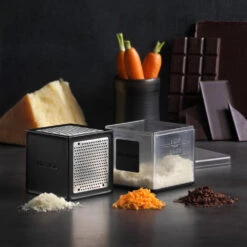 Microplane Cube Grater -Professional Kitchen Tool Store MP34002 Microplane Cube Grater Black with Grated Foods