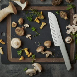 Swiss Modern Colors 7.5" Granton Edge Santoku Knife In Olive Green By Victorinox -Professional Kitchen Tool Store VF6905617K6B Swiss Modern Colors Santoku with Mushrooms